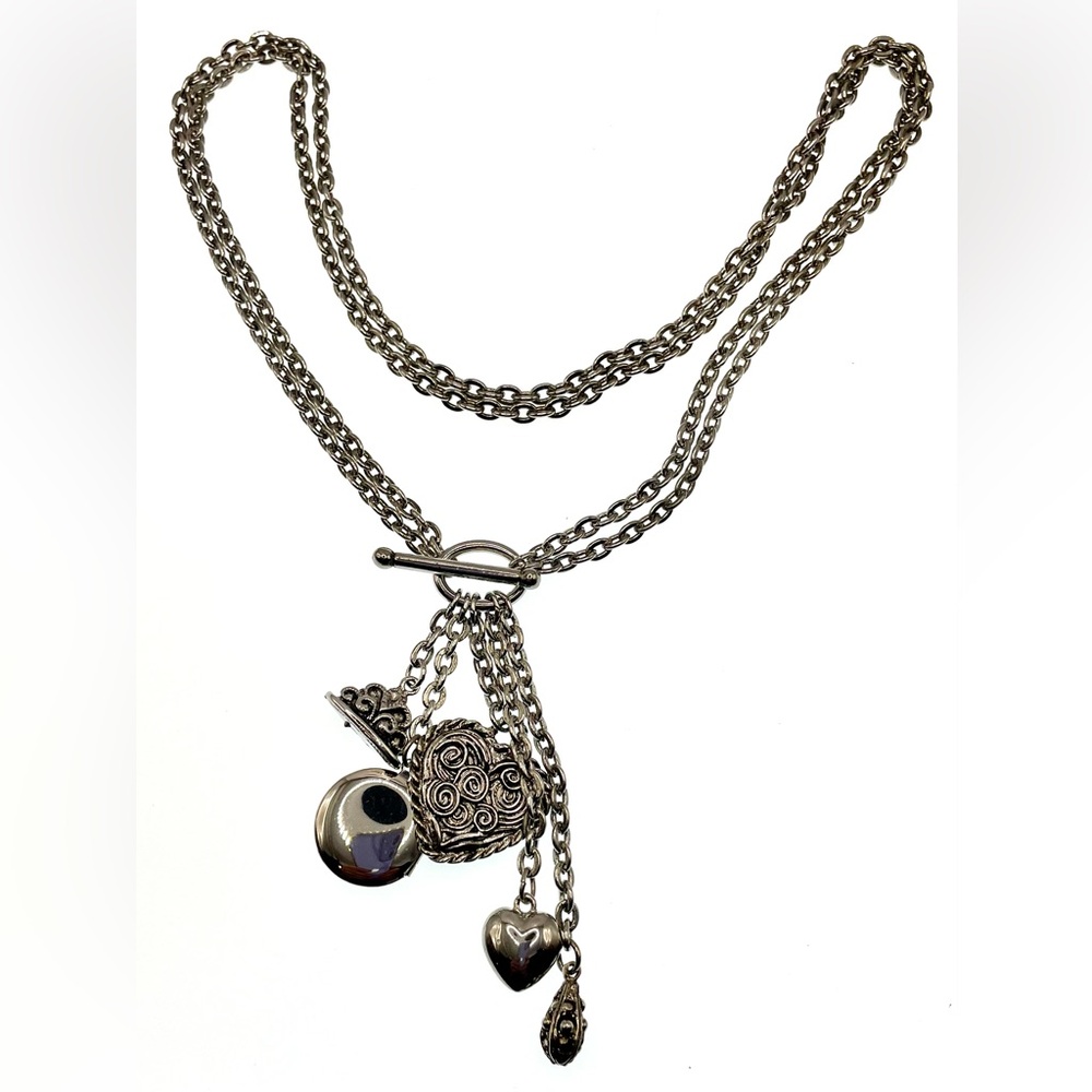 Silver Tone Double Chain Necklace Choker with Dangling Charms and Locket - Picture 4 of 8
